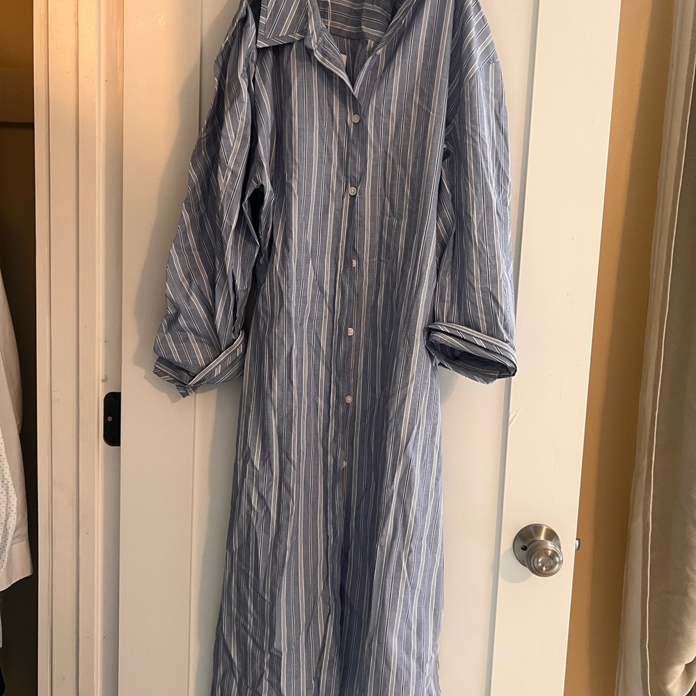 COS Blue and White Striped Button-Down Maxi Shirt Dress